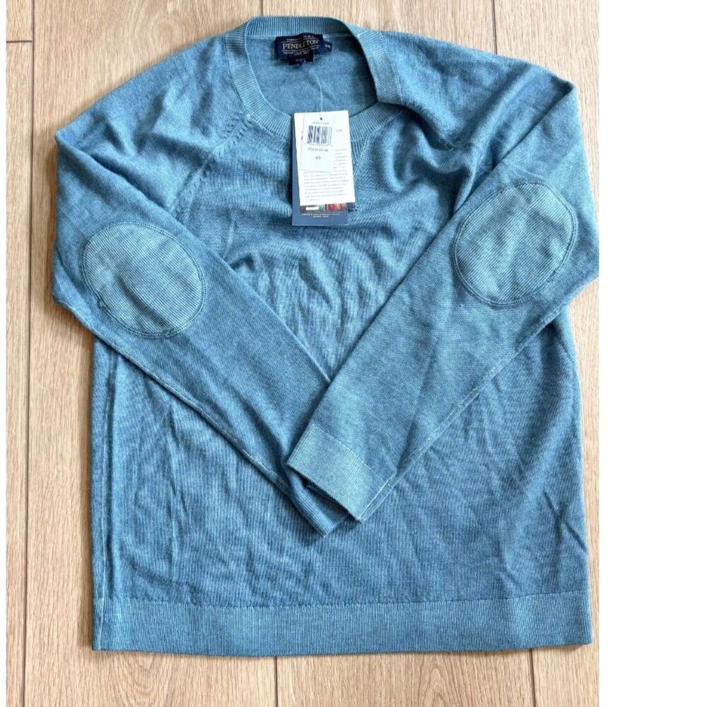 Pendleton Merino Wool Crewneck Sweater Light Slate Blue Elbow Patches Size XS NW